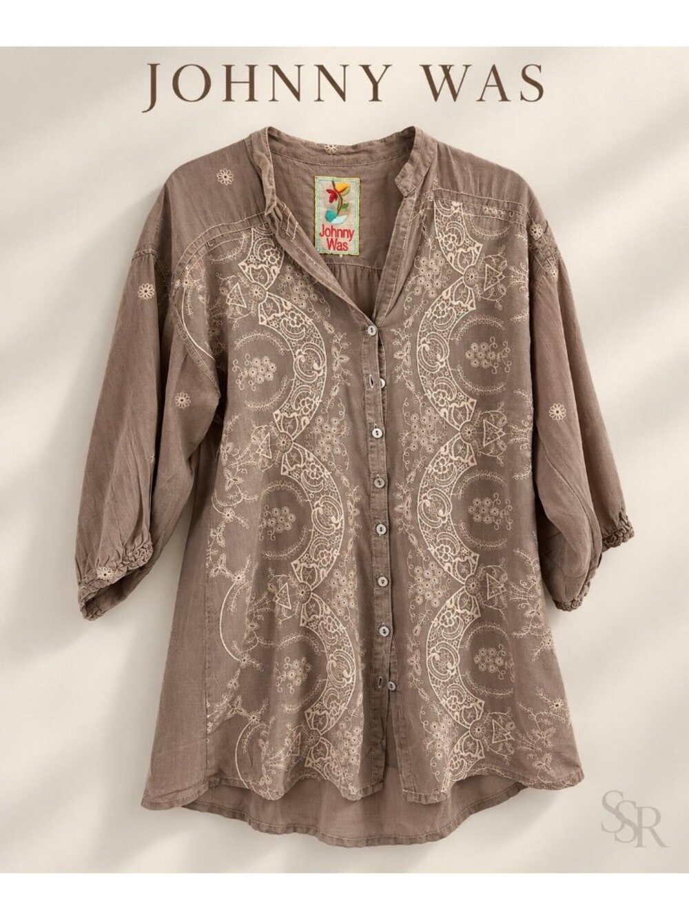 Johnny Was XS Taupe Embroidered Rayon Button Front Boho Tunic Blouse Rayon